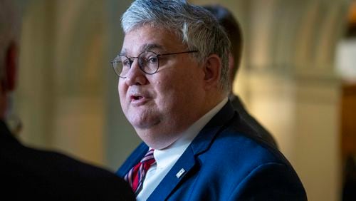 12/14/2020 —  Atlanta, Georgia —  Georgia Republican Chairman David Shafer speaks with members of the media at the Georgia State Capitol building in Atlanta, Monday, December 14, 2020. Georgia Republicans held a meeting in the Capitol building at the same time of the the official ballot casting by the Georgia Electoral College. The Electoral College unanimously voted for President-elect Joseph Biden and Vice-President Elect Kamala Harris.  (Alyssa Pointer / Alyssa.Pointer@ajc.com)