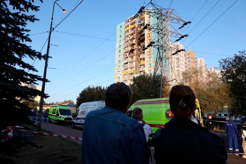 This photo released by Moscow Region Governor Andrei Vorobyev official telegram channel shows the site of the damaged multi-storey residential building following an alleged Ukrainian drone attack in Ramenskoye, outside Moscow, Moscow region, Russia, on Tuesday, Sept. 10, 2024. (Moscow Region Governor Andrei Vorobyev official telegram channel via AP)