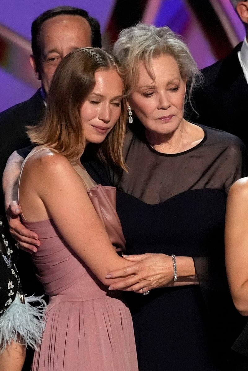 Hannah Einbinder, left, and Jean Smart accept the award for outstanding comedy series for "Hacks" during the 76th Primetime Emmy Awards on Sunday, Sept. 15, 2024, at the Peacock Theater in Los Angeles. (AP Photo/Chris Pizzello)