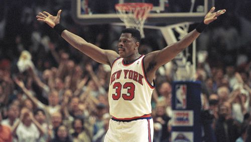 FILE - New York Knicks center Patrick Ewing pumps up the fans crowded into New York's Madison Square Garden in New York, May 22, 1994. (AP Photo/Bill Kostroun, File)