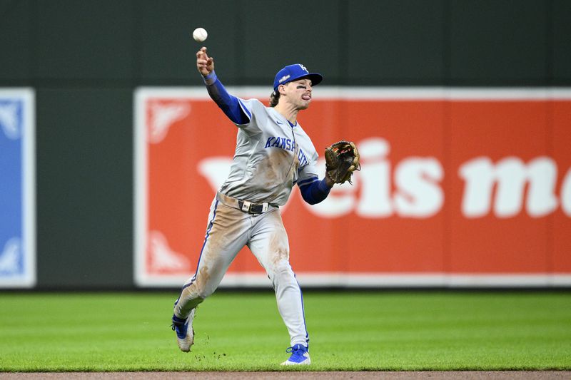 Kansas City Royals shortstop Bobby Witt Jr. throws to first base to put out Baltimore Orioles' Ramon Urias in the seventh inning during Game 1 of an AL Wild Card Series baseball game, Tuesday, Oct. 1, 2024, in Baltimore. The Royals won 1-0. (AP Photo/Nick Wass)