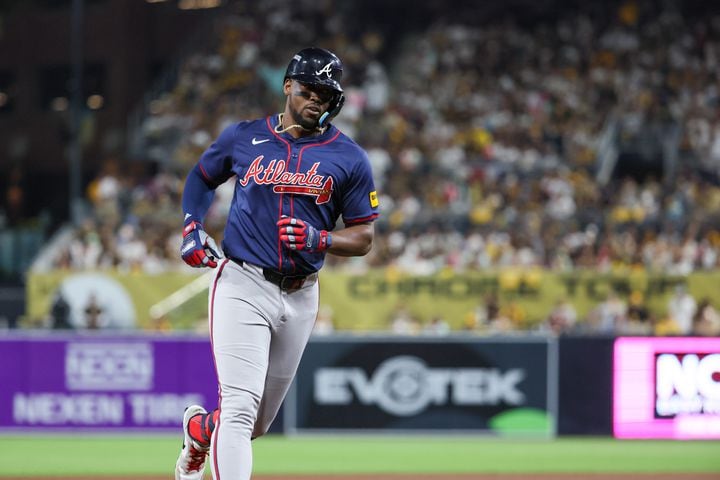 Atlanta Braves’ Jorge Soler hits a solo homer against the San Diego Padres during the fifth inning of National League Division Series Wild Card Game Two at Petco Park in San Diego on Wednesday, Oct. 2, 2024.   (Jason Getz / Jason.Getz@ajc.com)