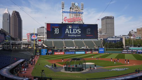 The Cleveland Guardians hold a baseball workout in Cleveland, Friday, Oct. 4, 2024, in preparation for the American League Division Series against the Detroit Tigers. (AP Photo/Sue Ogrocki)