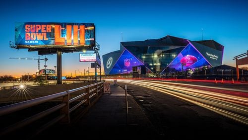 General view of Mercedes-Benz Stadium wrapped in Super Bowl LIII graphics Sunday, Jan. 20, 2019, in Atlanta.