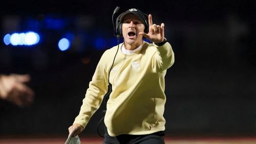 Colquitt County head coach Sean Calhoun reacts to a play during the second half against Milton in the 7A quarterfinals at Milton High School Friday, November 24, 2023, in Milton, Ga. (Jason Getz / Jason.Getz@ajc.com)