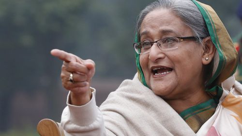 FILE- Bangladesh's Prime Minister Sheikh Hasina speaks during a press conference in Dhaka, Bangladesh, on Jan. 6, 2014. (AP Photo/Rajesh Kumar Singh, File)