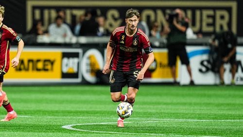 Atlanta United midfielder Alexey Miranchuk #59 dribbles up the field during the match against the Nashville SC at Mercedes-Benz Stadium in Atlanta, GA on Saturday September 14, 2024. (Photo by Madelaina Polk/Atlanta United)