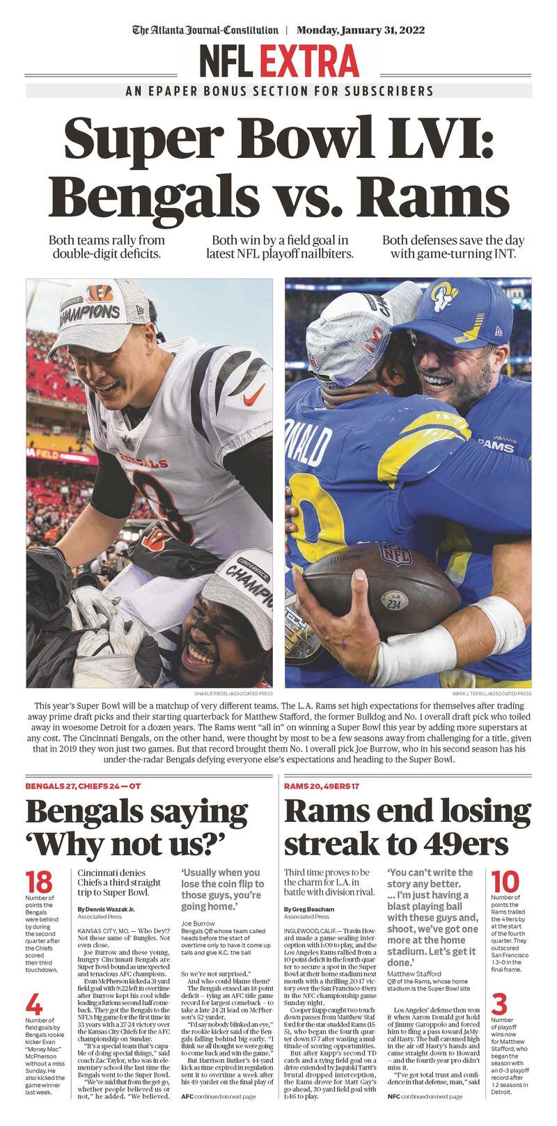 The Super Bowl matchup is set – Enjoy bonus coverage in the Monday AJC ePaper