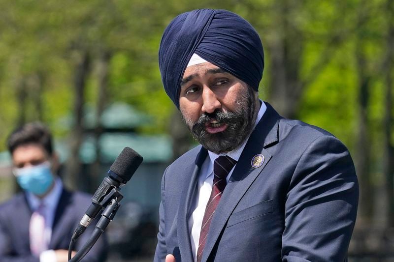 FILE — Hoboken mayor Ravi Bhalla speaks during a news conference in Hoboken, N.J., May 6, 2021. In northern New Jersey's 8th District, incumbent Democratic Rep. Rob Menendez — the senator's son — is seeking reelection against Hoboken Mayor Ravi Bhalla, who's tried to tie Rob Menendez to his father. (AP Photo/Seth Wenig, File)