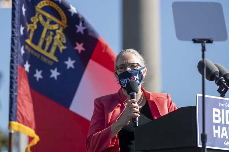 11/02/2020 —  Atlanta, Georgia — Carolyn Bourdeaux, Democratic candidate for Georgia's 7th Congressional District, speaks during a Biden-Harris rally in Atlanta’s Summerhill community ,Monday, November 2, 2020. (Alyssa Pointer / Alyssa.Pointer@ajc.com)