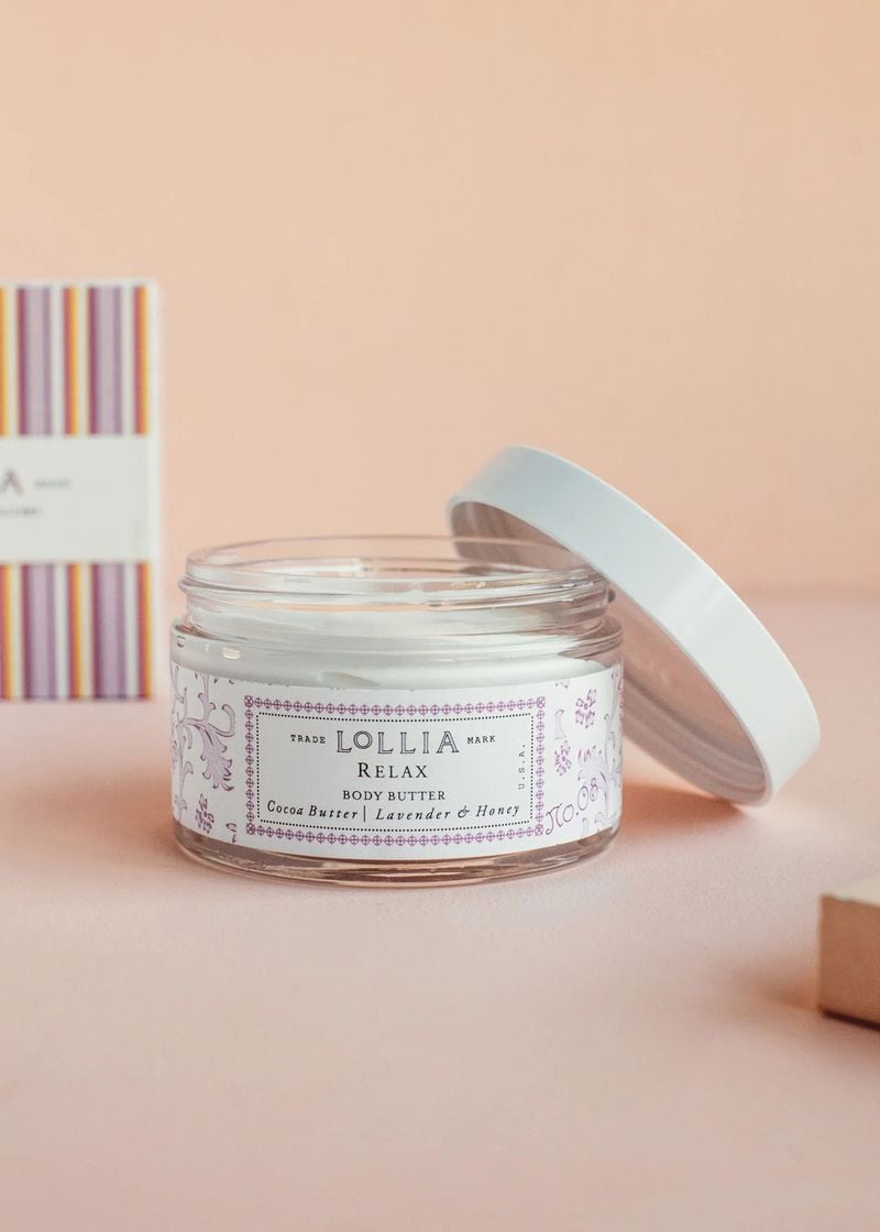 Moisture all over with a jar of lavender and honey-scented Lollia body butter, available at Lucy’s Market. 
Courtesy of Lucy’s Market