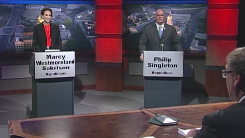 Marcy Westmoreland Sakrison and Philip Singleton during a September debate.