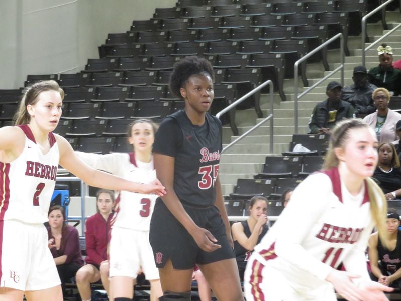 Jillian Hollingshead of the Holy Innocents' Lady Golden Bears (35) waits for her team to bring the ball up during their Class A Private semifinal game against the Hebron Christian Lady Lions on Friday, Feb. 28, 2020 at Georgia College and State University's Centennial Center in Milledgeville. (Adam Krohn for the AJC)