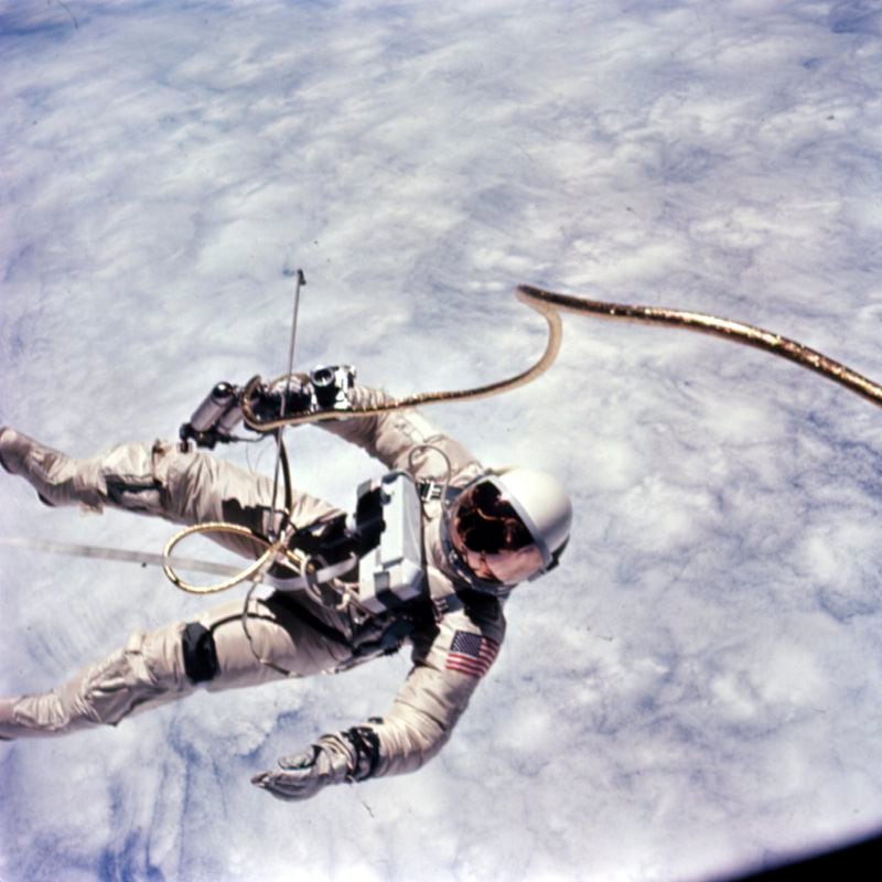 In this photo provided by NASA, astronaut Ed White performs the U.S.'s first spacewalk on June 3, 1965, during the Gemini 4 mission. (James McDivitt/NASA via AP)