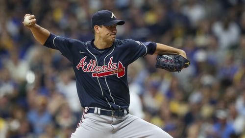 10/8/21 - Milwaukee, WI - Atlanta Braves starting pitcher Charlie Morton (50) hit's Milwaukee Brewers center fielder Avisail Garcia (24) in the seventh inning putting on the lead off batter during the  Major League Baseball playoff game between the Atlanta Braves and the Milwaukee Brewere.  Curtis Compton / Curtis.Compton@ajc.com 