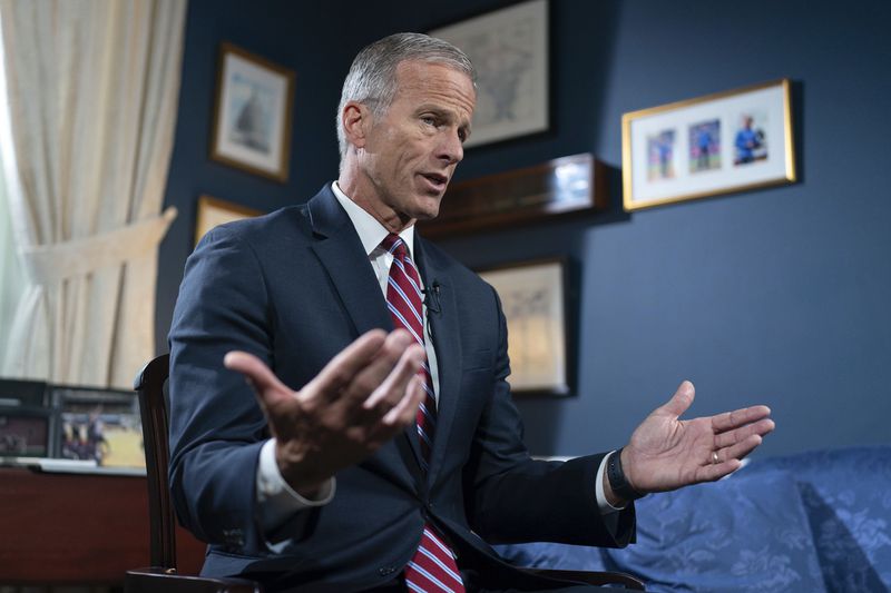 Senate Minority Whip John Thune, R-S.D., speaks during an interview with The Associated Press at the Capitol in Washington, Wednesday, Sept. 11, 2024. (AP Photo/Jose Luis Magana)