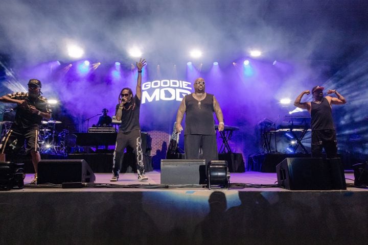 Goodie Mob contrasted the other acts with high-energy hip hop hits, including “Cell Therapy,” “Dirty South” and “Soul Food,” while performing performs at Stockbridge Amphitheater on Saturday, June 8, 2024. Credit: Kymani Culmer for the Atlanta Journal-Constitution