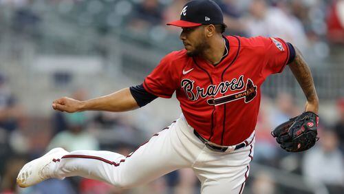 Atlanta Braves pitcher Huascar Ynoa works against the Arizona Diamondbacks during the first inning of a baseball game Friday, April 23, 2021, in Atlanta. (AP Photo/Ben Margot)