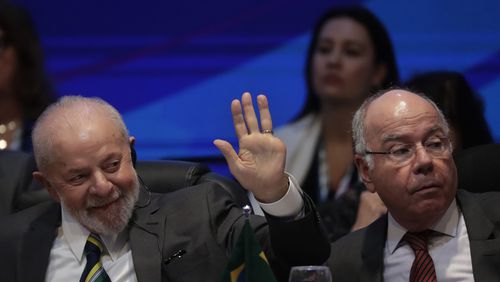 Brazil's President Luiz Inacio Lula da Silva waves during the opening event of the Global Alliance Against Hunger and Poverty meeting, on the sidelines of the G20 Ministerial Meetings in Rio de Janeiro, Wednesday, July 24, 2024. (AP Photo/Bruna Prado)