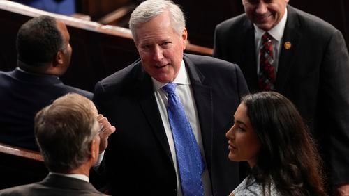 Mark Meadows, center, former Chief of Staff for former President Donald Trump, in the House Chamber to attend Israeli Prime Minister Benjamin Netanyahu's address to a joint meeting of Congress at the Capitol in Washington, Wednesday, July 24, 2024. (AP Photo/Julia Nikhinson)