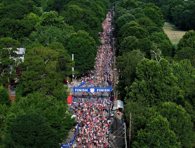 How the finish line looked from the air at the 55th running of the Atlanta Journal-Constitution Peachtree Road Race Thursday, July 4, 2024, in Atlanta. (Hyosub Shin / AJC)