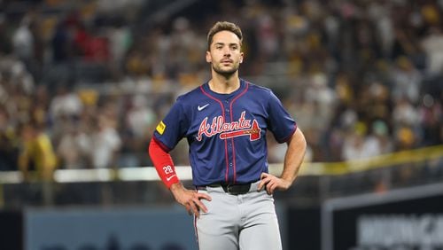 Atlanta Braves’ Matt Olson reacts after lining out to the San Diego Padres during the sixth inning of National League Division Series Wild Card Game Two at Petco Park in San Diego on Wednesday, Oct. 2, 2024.   (Jason Getz / Jason.Getz@ajc.com)