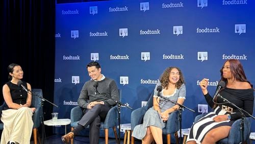 Cooking content creator Maddy DeVita, Latin cuisine entrepreneur Manolo Gonzalez Vergara, actress Bailey Bass, online comedian Drea Okeke participate in a panel hosted by Food Tank on Thursday, Sept. 26, 2024 in New York. The four are members of World Food Program USA's Zero Hunger Activist Council. (AP Photo/James Pollard)