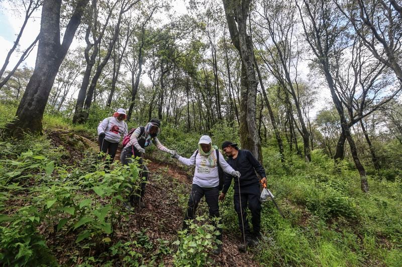 Members of the search collective "Uniendo Esperanzas" or Uniting Hope, leave the forest after searching for human remains in the State of Mexico, Mexico, Friday, Aug. 16, 2024. (AP Photo/Ginnette Riquelme)