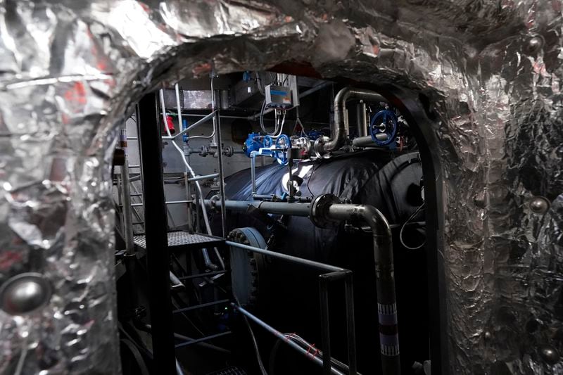 The tank that will hold ammonia and power the NH3 Kraken sits on the tugboat on Friday, Sept. 13, 2024, in Kingston, N.Y. (AP Photo/Alyssa Goodman)