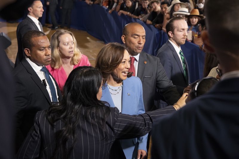 Vice President Kamala Harris greets supporters after speaking at a post debate campaign rally, Friday, June 28, 2024, in Las Vegas. (AP Photo/Ronda Churchill)