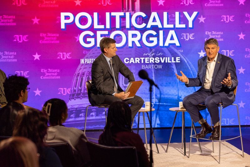 AJC politics reporter Greg Bluestein interviews U.S. Sen Joe Manchin, D-W.V., at  an AJC Town Hall at Georgia State University in Atlanta on Jan. 26, 2024. (Arvin Temkar/arvin.temkar@ajc.com)