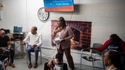 Founder Tekesia Shields speaks at the meeting. Mothers Against Gang Violence hold a meeting to speak about outreach and reducing crime in the community. Wednesday, September 4, 2024 (Ben Hendren for the Atlanta Journal-Constitution)