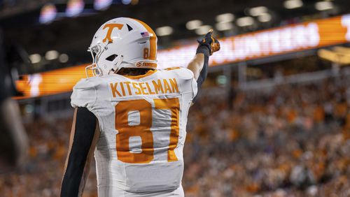 Tennessee tight end Miles Kitselman (87) celebrates a touchdown against North Carolina State during the second half of an NCAA football game Saturday, Sept. 7, 2024, in Charlotte, N.C. (AP Photo/Scott Kinser)