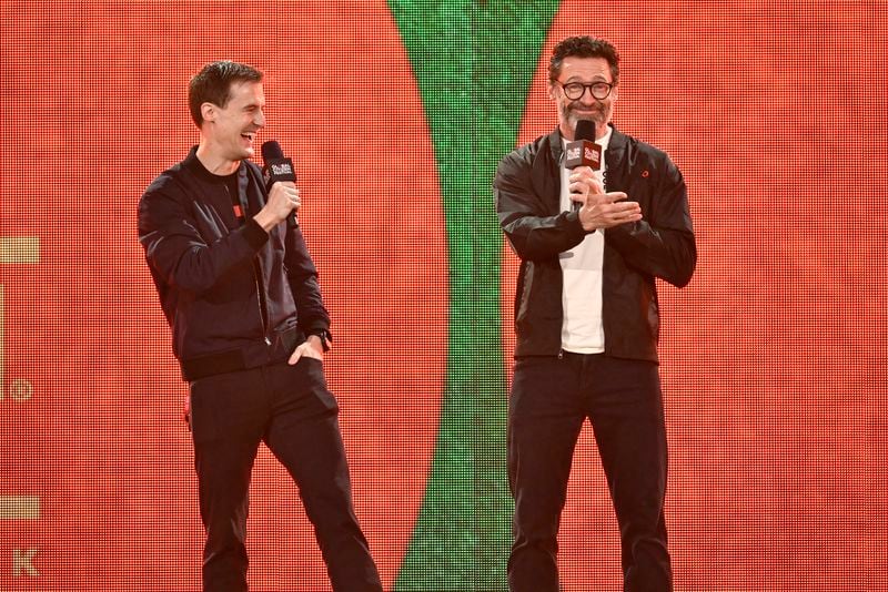 Global Citizen co-founder Hugh Evans, left, and Hugh Jackman speak during the Global Citizen Festival on Saturday, Sept. 28, 2024, at Central Park in New York. (Photo by Evan Agostini/Invision/AP)