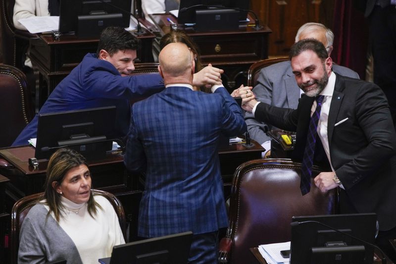 A senator who supported a reform bill promoted by President Javier Milei celebrates after it was approved in Buenos Aires, Argentina, Wednesday, June 12, 2024. The bill must now be debated article-by-article before being sent to the Lower House. (AP Photo/Natacha Pisarenko)