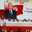 Election officials announce Tunisian president and candidate for re-election Kais Saied as the winner of the presidential elections, in the capital Tunis, Tunisia, Monday, Oct. 7, 2024. (AP Photo/Anis Mili)