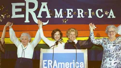 Rosalynn Carter was a strong proponent of the Equal Rights Amendment. Also at the podium is former First Lady Betty Ford, at the NationalWomen’s Conference in support of the ERA on November 19, 1977. (Jimmy Carter Library)