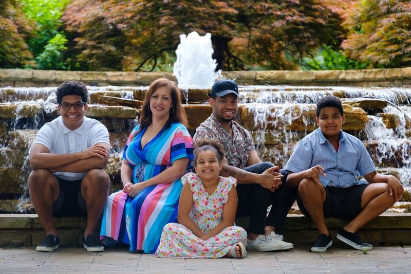 Jessica Moyer poses for a portrait with her children in Alpharetta on Wednesday, June 29, 2022. (Arvin Temkar / arvin.temkar@ajc.com)