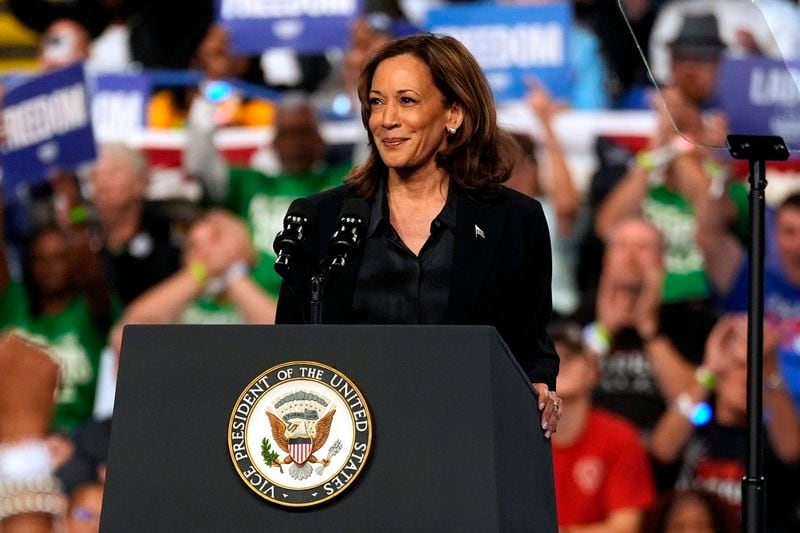 Democratic presidential nominee Vice President Kamala Harris speaks during a campaign rally at the Dort Financial Center in Flint, Mich., Friday, Oct. 4, 2024. (AP Photo/Carolyn Kaster)