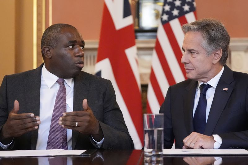 U.S. Secretary of State Antony Blinken, right, listens to Britain's Foreign Secretary David Lammy, in a strategic dialogue meeting at the Foreign, Commonwealth and Development Office (FCDO) in London, Tuesday, Sept. 10, 2024. (AP Photo/Mark Schiefelbein, Pool)