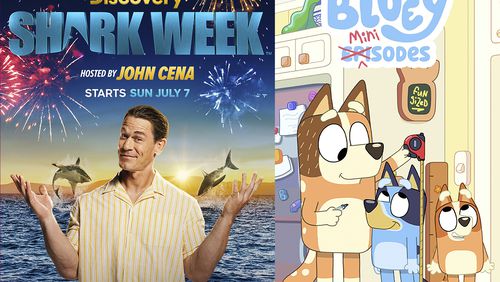 This combination of photos shows promotional art for "Shark Week," left, and the animated children’s series “Bluey." (Discovery via AP, left, and Disney Jr. via AP)