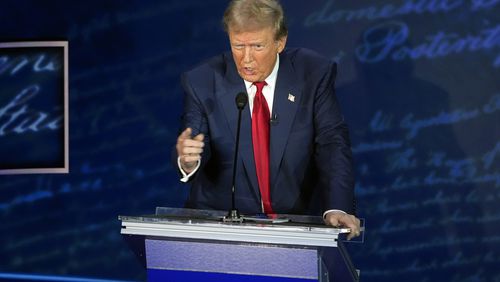 Republican presidential nominee former President Donald Trump speaks during a presidential debate with Democratic presidential nominee Vice President Kamala Harris at the National Constitution Center, Tuesday, Sept.10, 2024, in Philadelphia. (AP Photo/Alex Brandon)