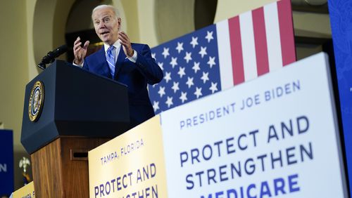 FILE - President Joe Biden speaks about his administration's plans to protect Social Security and Medicare and lower healthcare costs, Feb. 9, 2023, at the University of Tampa in Tampa, Fla. (AP Photo/Patrick Semansky, File)