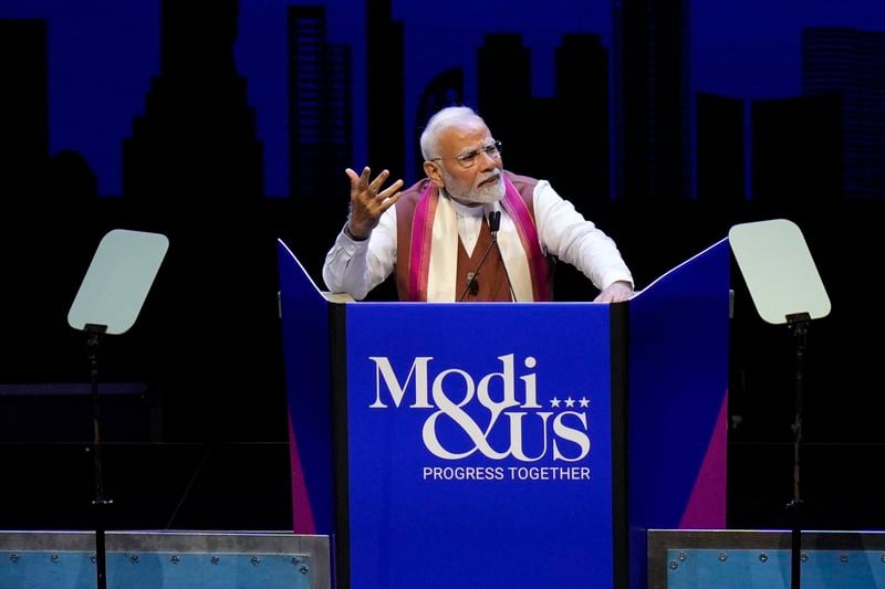 Prime Minister of India Narendra Modi speaks at an event in Uniondale, N.Y., Sunday, Sept. 22, 2024. (AP Photo/Seth Wenig)