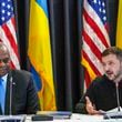 FILE - U.S. Defense Secretary Lloyd Austin, left, listens to Ukraine's President Volodymyr Zelenskyy during a meeting at Ramstein Air Base in Ramstein-Miesenbach, Germany, Friday, Sept. 6, 2024. (Andreas Arnold/dpa via AP, File)