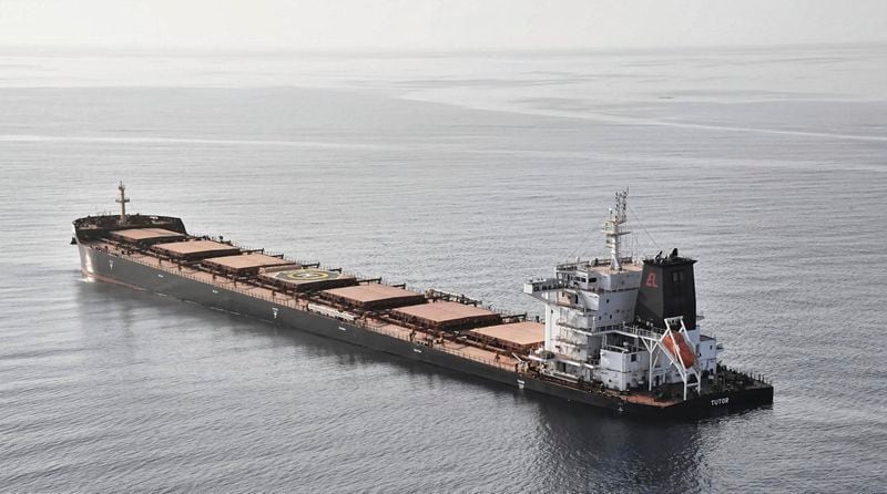 In this photo released by the Etat-Major des Armées, the MV Tutor sinks in the Red Sea after it was struck by a Houthi drone vessel, Wednesday, June 12, 2024. The bulk carrier sank days after an attack by Yemen's Houthi rebels believed to have killed one mariner on board, authorities said early Wednesday, June 19, the second-such ship to be sunk in the rebel campaign. (Etat-Major des Armées/France via AP)