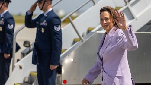 Vice President Kamala Harris leaves Atlanta on Tuesday, June 18, 2024, after she held a conversation with hip-hop star Quavo at his summit to stop gun violence and attended a Juneteenth Block Party campaign event at her new Georgia campaign headquarters. (Arvin Temkar / AJC)