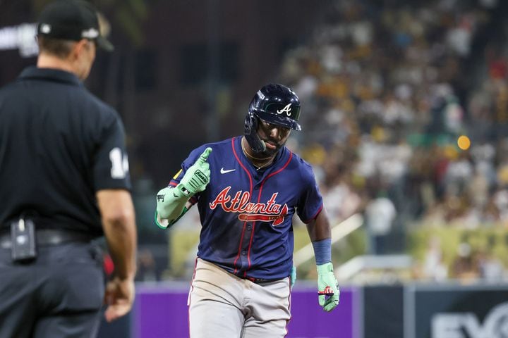 Atlanta Braves’ Michael Harris rounds the bases after a 2-RBI home run against the San Diego Padres during the eighth inning of National League Division Series Wild Card Game Two at Petco Park in San Diego on Wednesday, Oct. 2, 2024.   (Jason Getz / Jason.Getz@ajc.com)