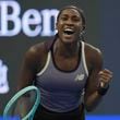 Coco Gauff of the United States celebrates after defeating Paula Badosa of Spain in a women's singles semi-final match for the China Open tennis tournament held at the National Tennis Center in Beijing, Saturday, Oct. 5, 2024. (AP Photo/Ng Han Guan)