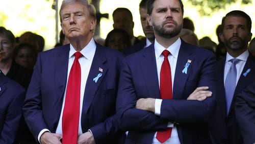 FILE - Republican presidential nominee former President Donald Trump and Republican vice presidential nominee Sen. JD Vance, R-Ohio, attend the 9/11 Memorial ceremony on the 23rd anniversary of the Sept. 11, 2001 attacks, Wednesday, Sept. 11, 2024, in New York. (AP Photo/Yuki Iwamura, File)